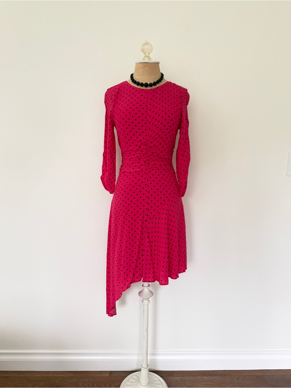 Zara TRF NWT Fuchsia Polka Dot Ruched Asymmetrical Midi Dress XS